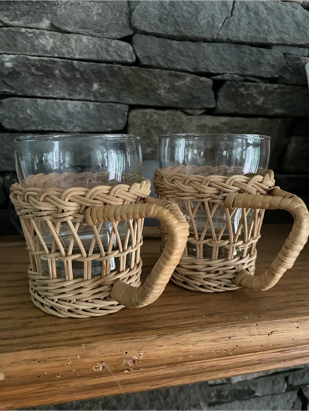 Coffee Imports International set of 2 rattan glass holders Made in Hong Kong VIN